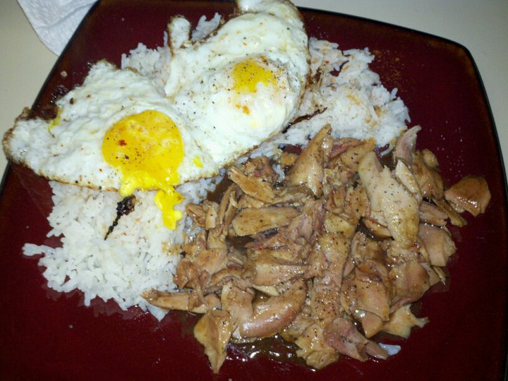 Spicy hoisin chicken with fried eggs